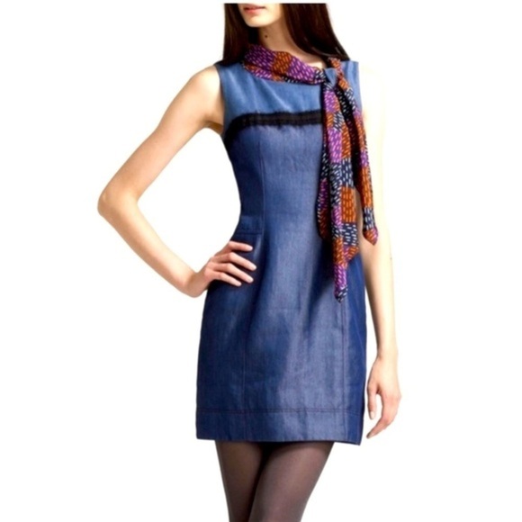 Z Spoke By Zac Posen Chambray Dress With Pockets & Silk Neck Tie Women’s Size 8